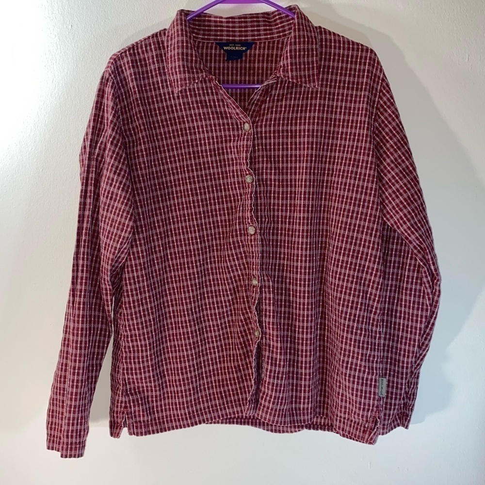 Woolrich Flannel Button Up Shirt Long Sleeve Pin Stripe Plaid Top Red L